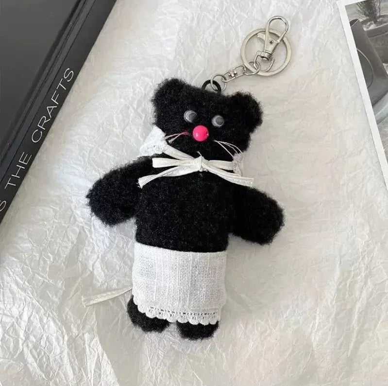 2024 Cute Black Bear Apron Head Cover Plush Keychain Kawaii Backpack Pendant Fashion Car Keyring Boy&Girls Women Bag Accessories