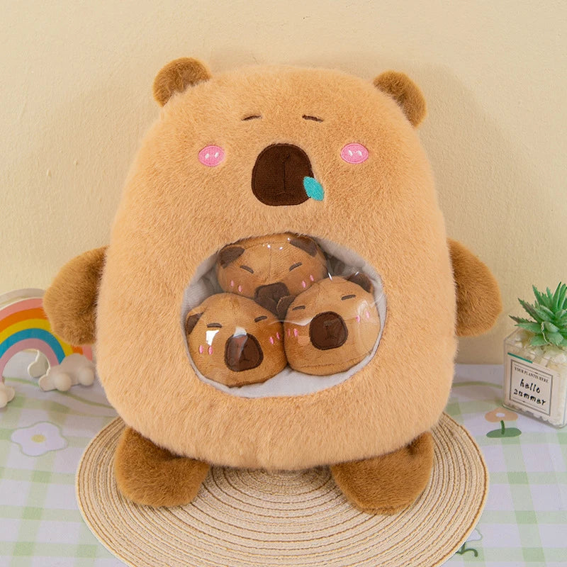 30cm Capybara Plush Toy With 3 Mini Dolls Stuffed Animal Doll Home Sofa Decoration