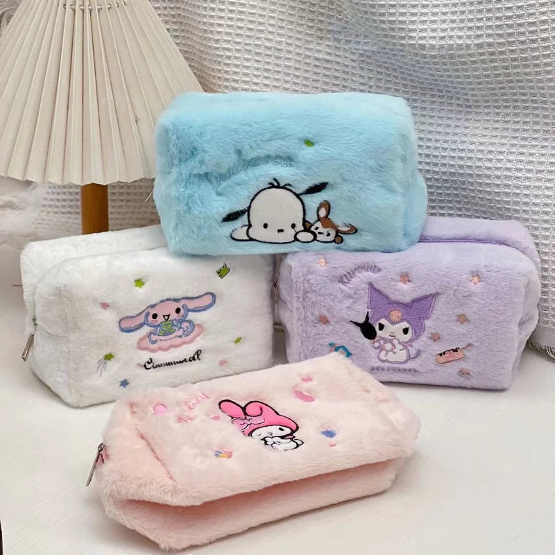 Sanrio Plush Pencil Case Kawaii Cinnamoroll Kuromi My Melody Large Capacity Pencils Bag Pen Case School Supplies Stationery Gift