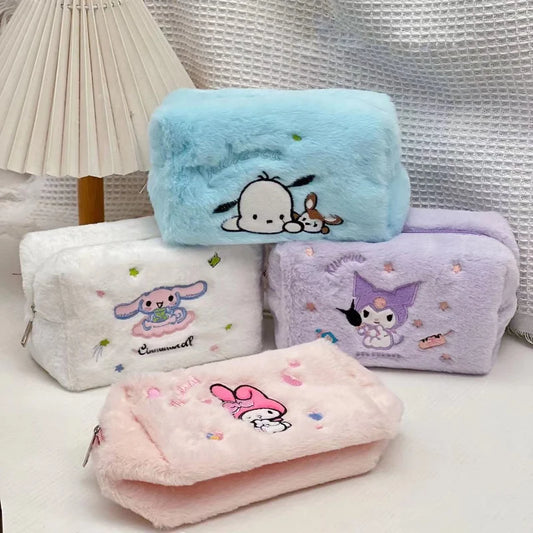 Sanrio Plush Pencil Case Kawaii Cinnamoroll Kuromi My Melody Large Capacity Pencils Bag Pen Case School Supplies Stationery Gift