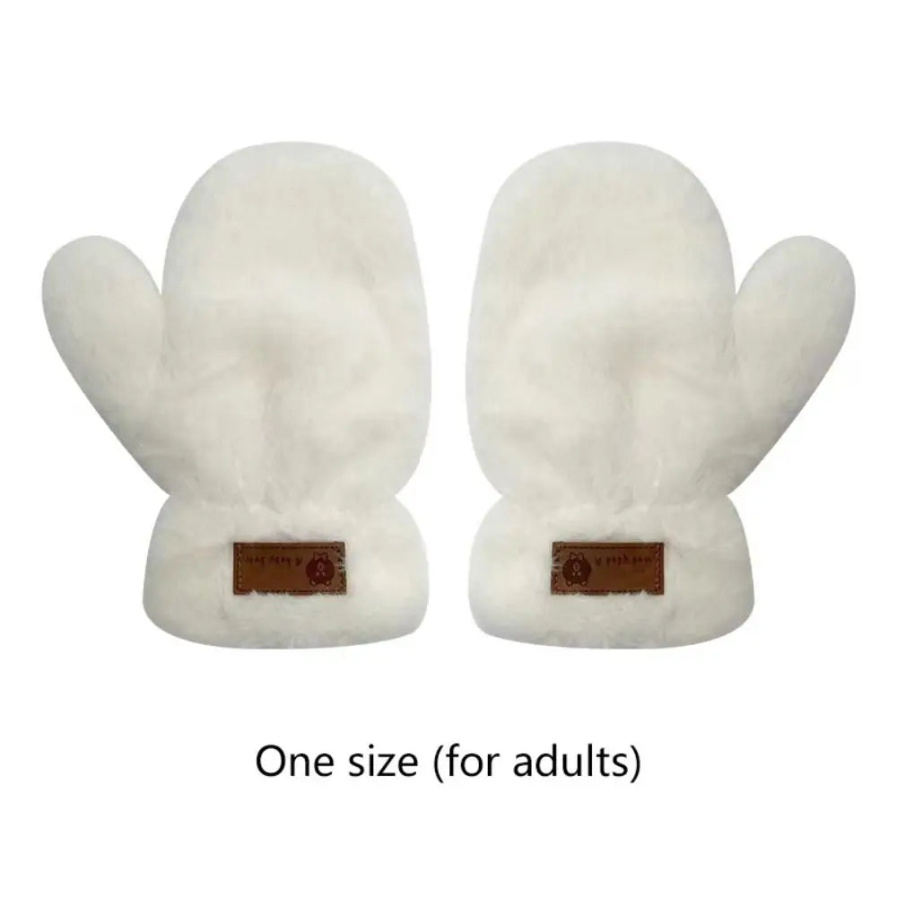 1Pair Women Cute Warm Winter Gloves New Thickened Fluffy White Plush Gloves Velvet Letter Gloves One size