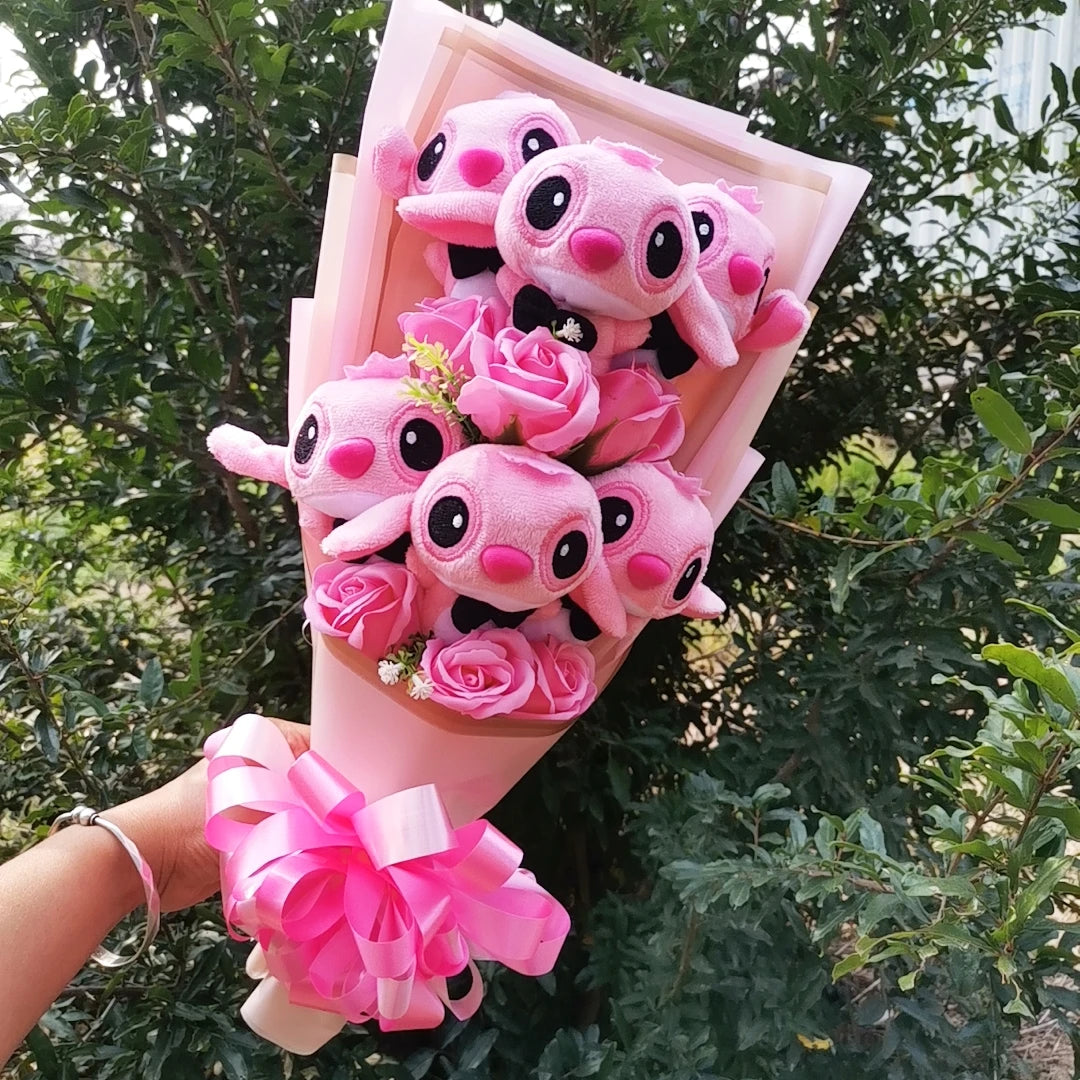 Disney Lilo Stitch Plush Bouquet With Soap Rose Flower Anime Stuffed Animals Home Decoration Valentine Christmas Gift