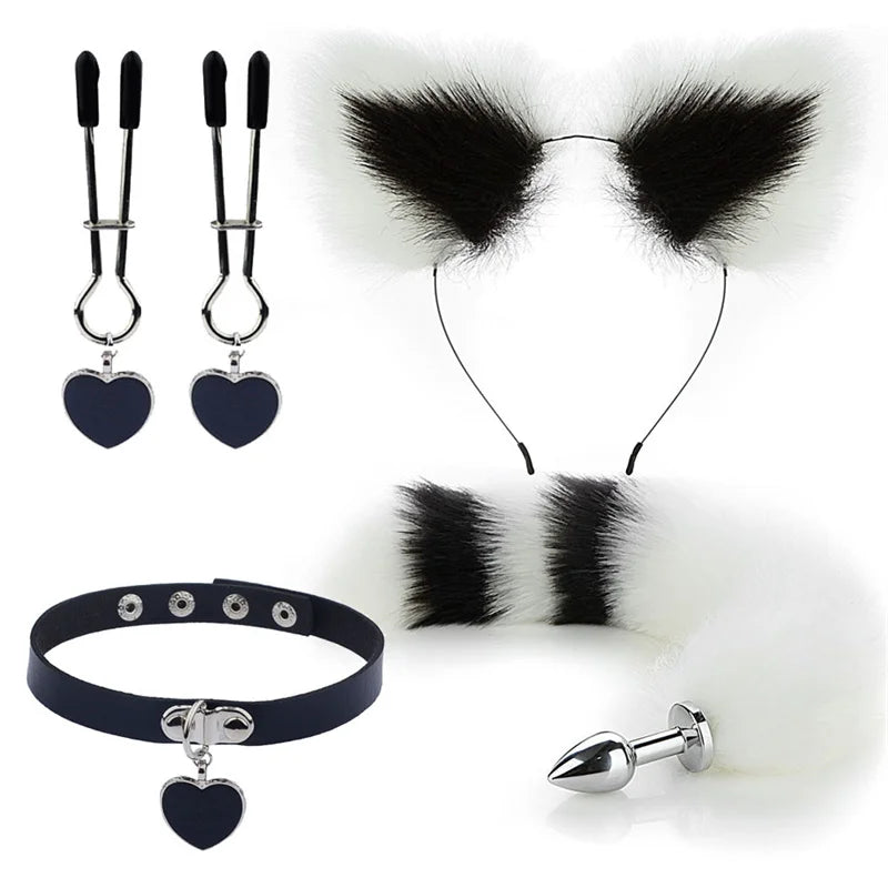 Anal Sex Toys Fox Tail Butt Plug Sexy Plush Cat Ear Headband With Bells Necklace Set Massage Sex toys For Women Couples Cosplay