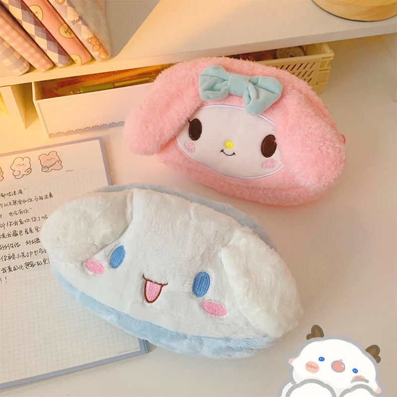 Sanrio Melody Cinnamoroll Fashionable Latest Pink Plush High Aesthetic Girl's Heart-shaped Pencil Case With Large Capacity