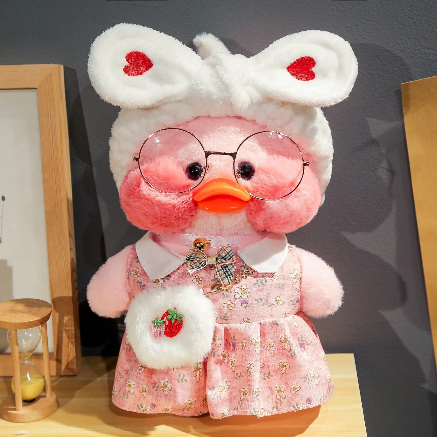 30cm Cute Cafe Pink Duck Stuffed Plush Animals Toy Wear Glasses And Hoodie Soft Doll Girl Birthday Creative Gift For Girls