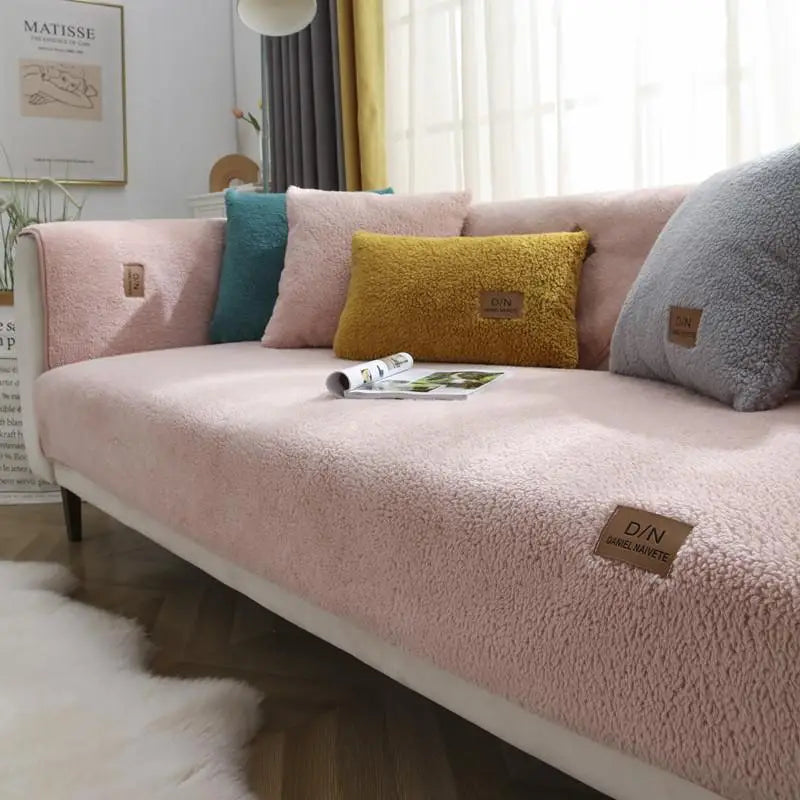 Lamb cashmere Winter Warmth Thickened Sofa Cover Nordic Minimalist Anti Slip Plush Cushion  Soft Dust Comfortable Couch Towel