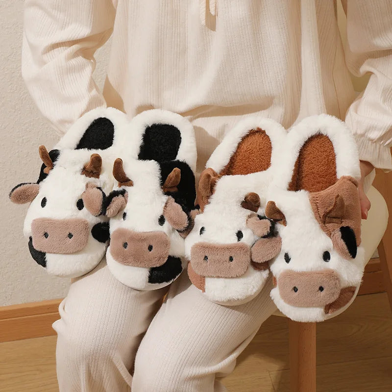 Kawaii Cartoon Cow Design Slippers, Casual & Cute Slip On Plush Lined Slippers, Comfortable Indoor Home Slippers