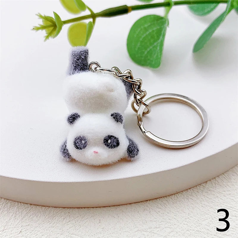 3D Flocking Panda Keychain Cartoon Plush Animal Keyring Bag Pendant Car Key Holder Earphone Charm DIY Jewelry Ornament Accessor