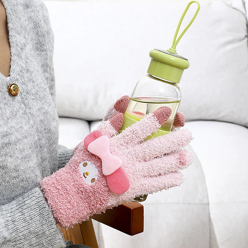 Sanrio Gloves Plush Kuromi Cold-Proof Gloves My Melody Cinnamoroll Five-Finger Gloves Touch Screen Pochacco Child Christmas Gift