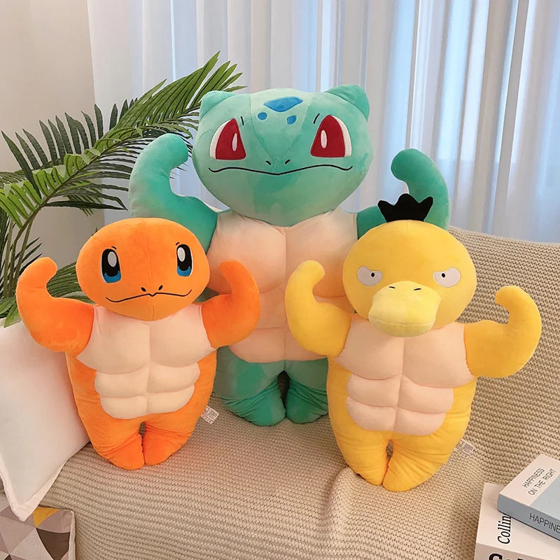 55/80cm Funny Strong Bulbasaur Charmander Plush Toy Stuffed Big Muscle Psyduck Plushies Pillow Back Cushion Home Decor Gifts