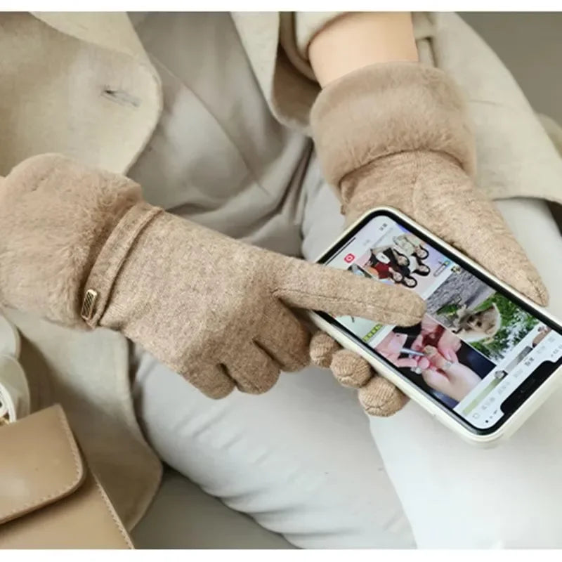 Winter Women Keep Warm Plus Velvet Touch Screen Thicken Plush Wrist Suede Gloves Fashion Personality Elegant Drive Cycling