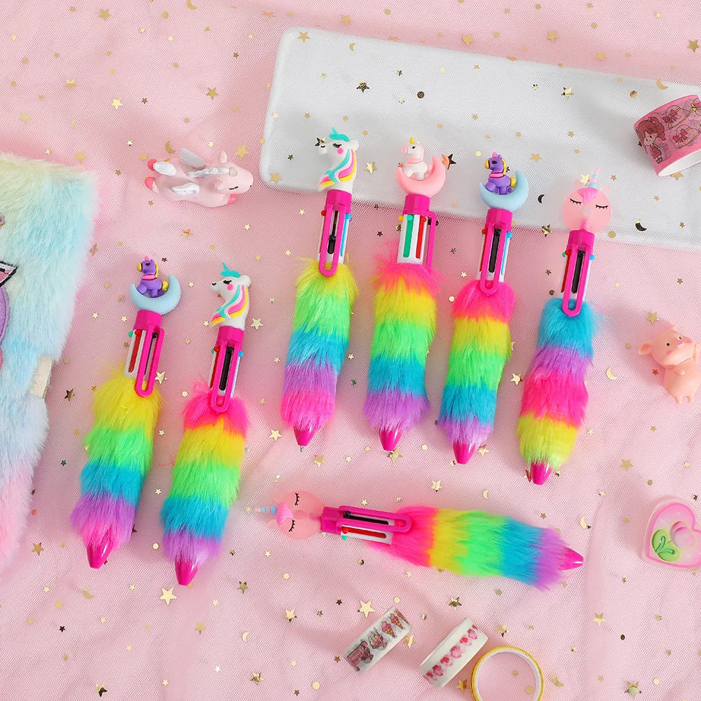 2PCS 6 Colors Children's Unicorn Plush Ball-point Pen Student Rainbow Gel Pen Fantastic Cartoon Girl Handwriting Pens