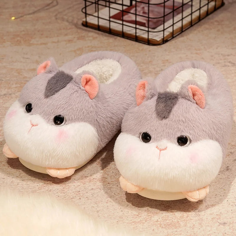 Cartoon Cute Warm Winter Slippers Kawaii Hamster Plush Shoes Soft Sole Flat Home Cotton Shoes Girl Women Adults Floor Shoes