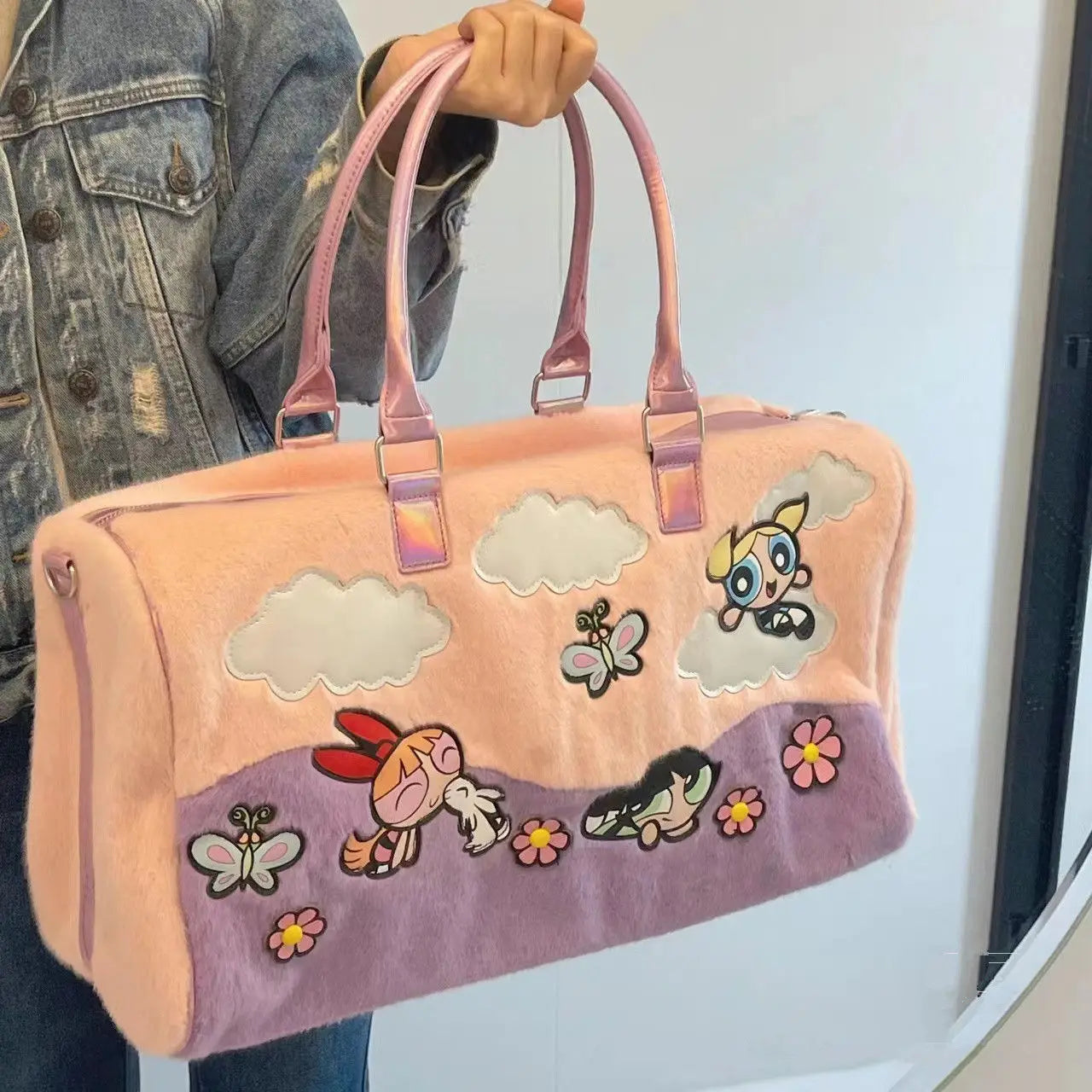 Cute The Powerpuff Girls Plush Bag Lovely Shoulder Bag Cartoon Anime Blossom Bubbles Luggage Bag High-capacity Xmas Gifts Girl