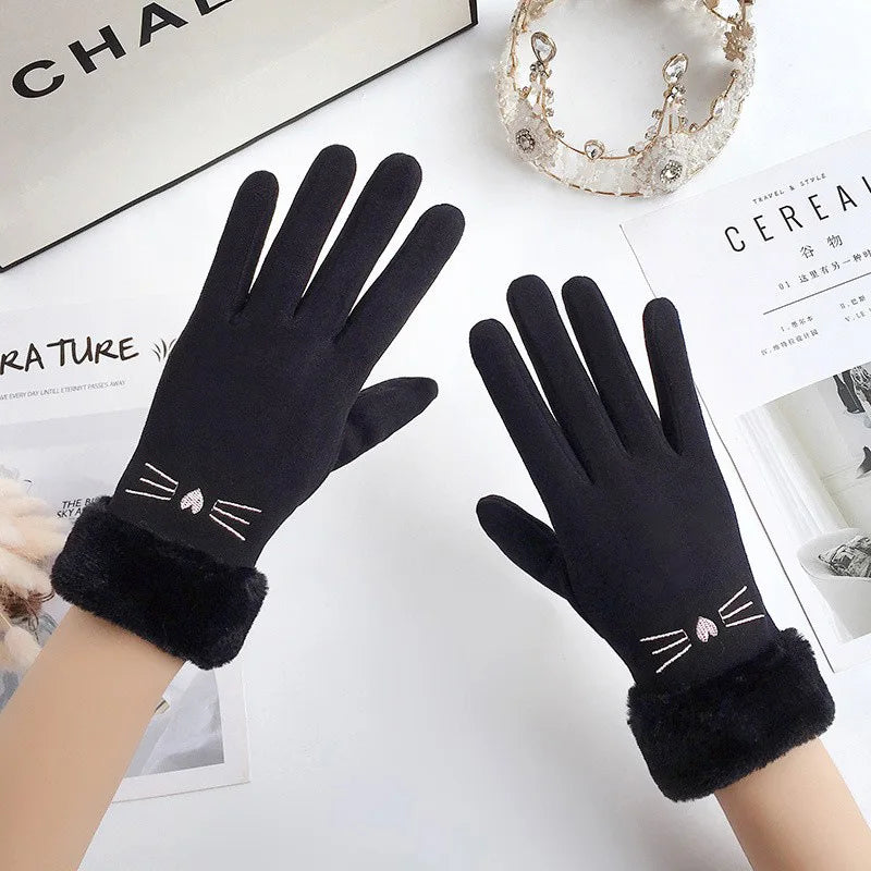 Winter Female Cashmere Warm Suede Leather Cycling Mittens Double Thick Velvet Plush Wrist Women Touch Screen Driving Gloves