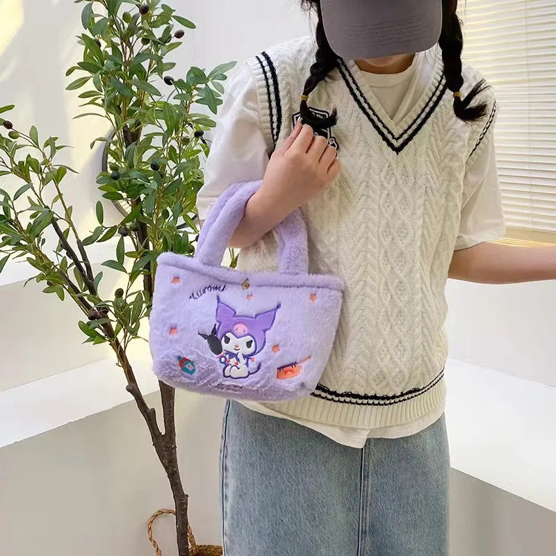 Kawaii Sanrio Hello Kitty Plush Bag Kuromi Melody Cinnamoroll Plushie Handbags Pochacco Cartoon Stuffed Bag for Girls Gifts