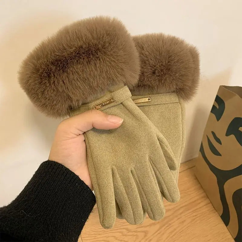 Winter Women Keep Warm Plus Velvet Touch Screen Thicken Plush Wrist Suede Gloves Fashion Personality Elegant Drive Cycling