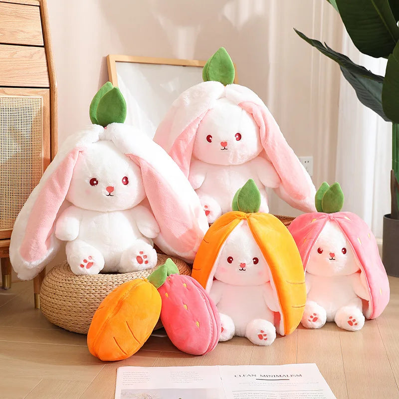 35cm Creative Funny Doll Carrot Rabbit Plush Toy Stuffed Soft Bunny Hiding in Strawberry Bag Toys for Kids Girls Birthday Gift