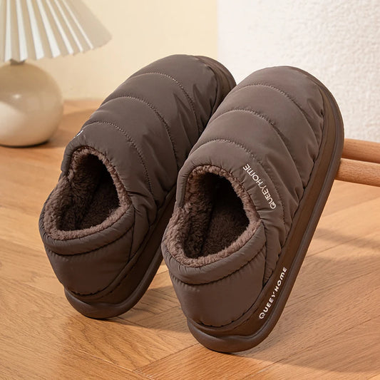 Queey Home Winter Woman Slippers Plush Interior Anti Slip Sole Thick Bottom Waterproof Shoe Upper Closed-Back  Warm Slipper Man