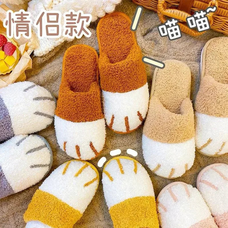 Winter Plush Slippers For Women Warm Cute Cat Paw Designer House Fur Slippers Indoor Bedroom Lovers Indoor Fluffy Shoes