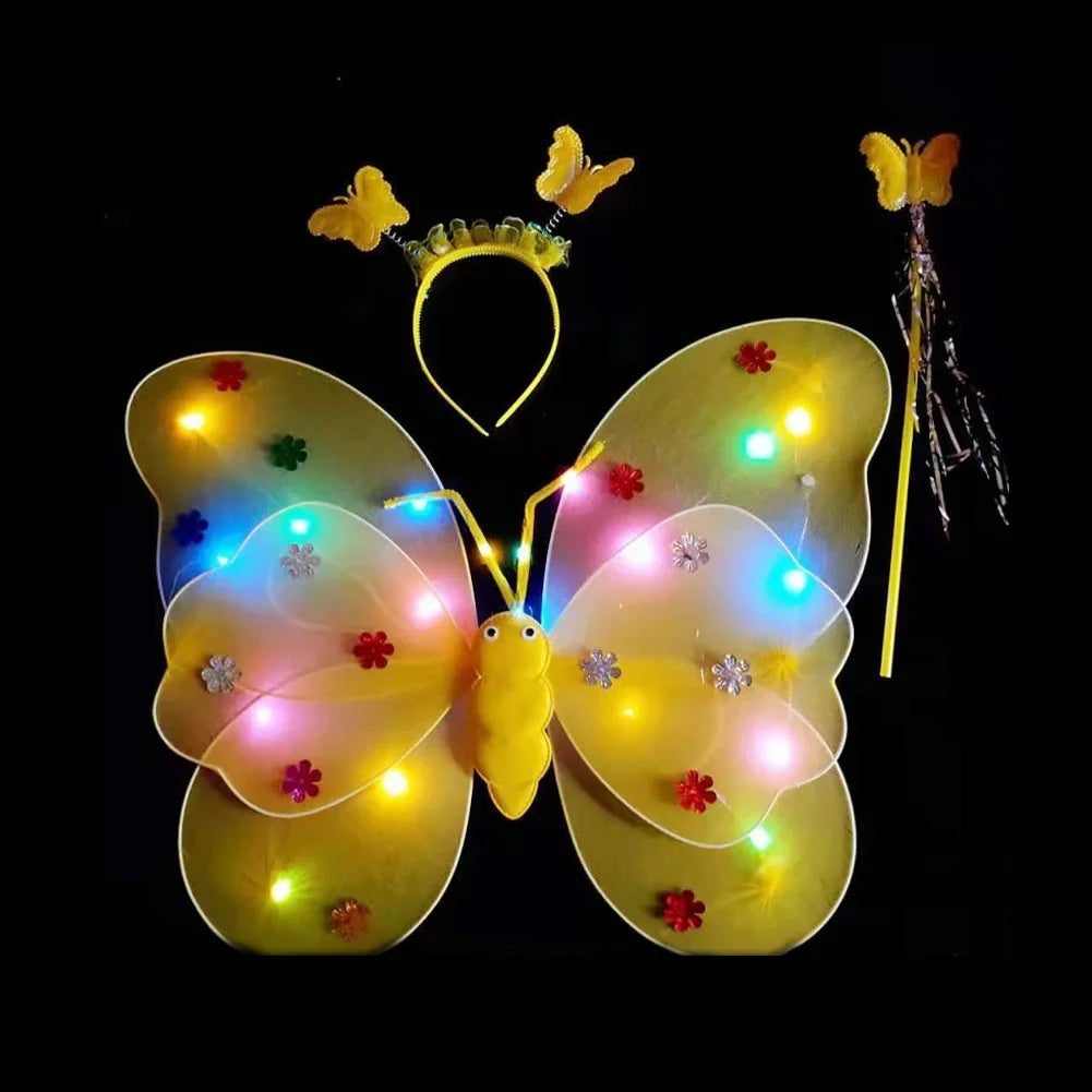 3/4Pcs/Set Double Layers Girls Led Flashing Light Fairy Butterfly Wing Wand Headband Costume Toy Gift Halloween Decoration