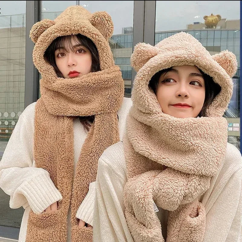 Fashion Winter Women Novelty Beanies Caps Warm Bear Ear Hat Casual Plush Hat Scarf Set Casual Solid Women Caps Present