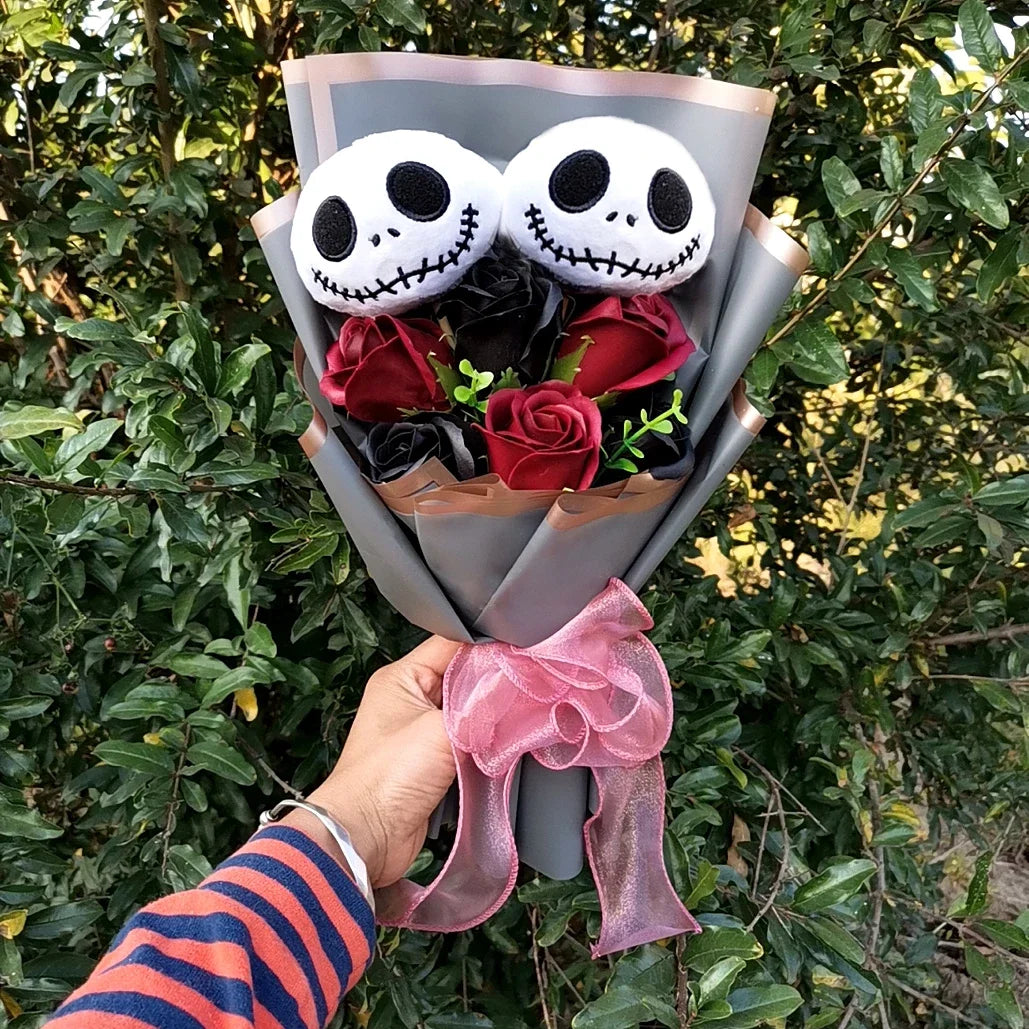 Halloween Jack Skellington Plush Doll Toys With Artificial flower Bouquet Stuffed Terror Skull Ghost Christmas Day/Birthday Day