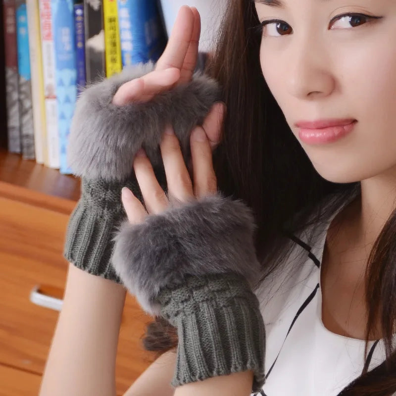 Women Autumn Winter Keep Warm Plush Knitted Woolen Splicing Half Finger Gloves Cute Lovely Sweety Smooth Soft Writing Drive