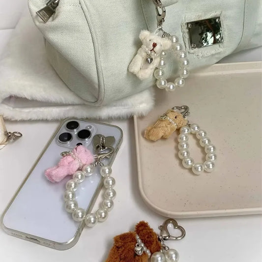 Cute Imitation Pearl Plush Teddy Bear Mobile Phone Chain Gift Hanging Ornament Keychain Handbag Pendant Doll Pendant Women Girls