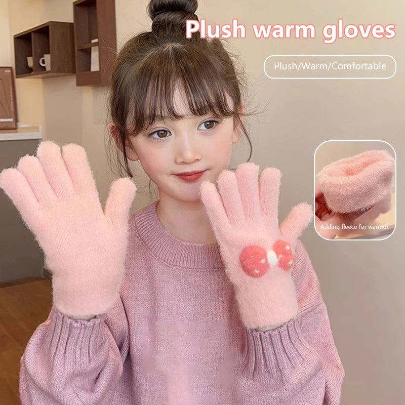 1Pair Winter Knitting Bowknot Plush Soft Five Finger Gloves Children Outdoor Warm Gloves Kids Colors Gloves