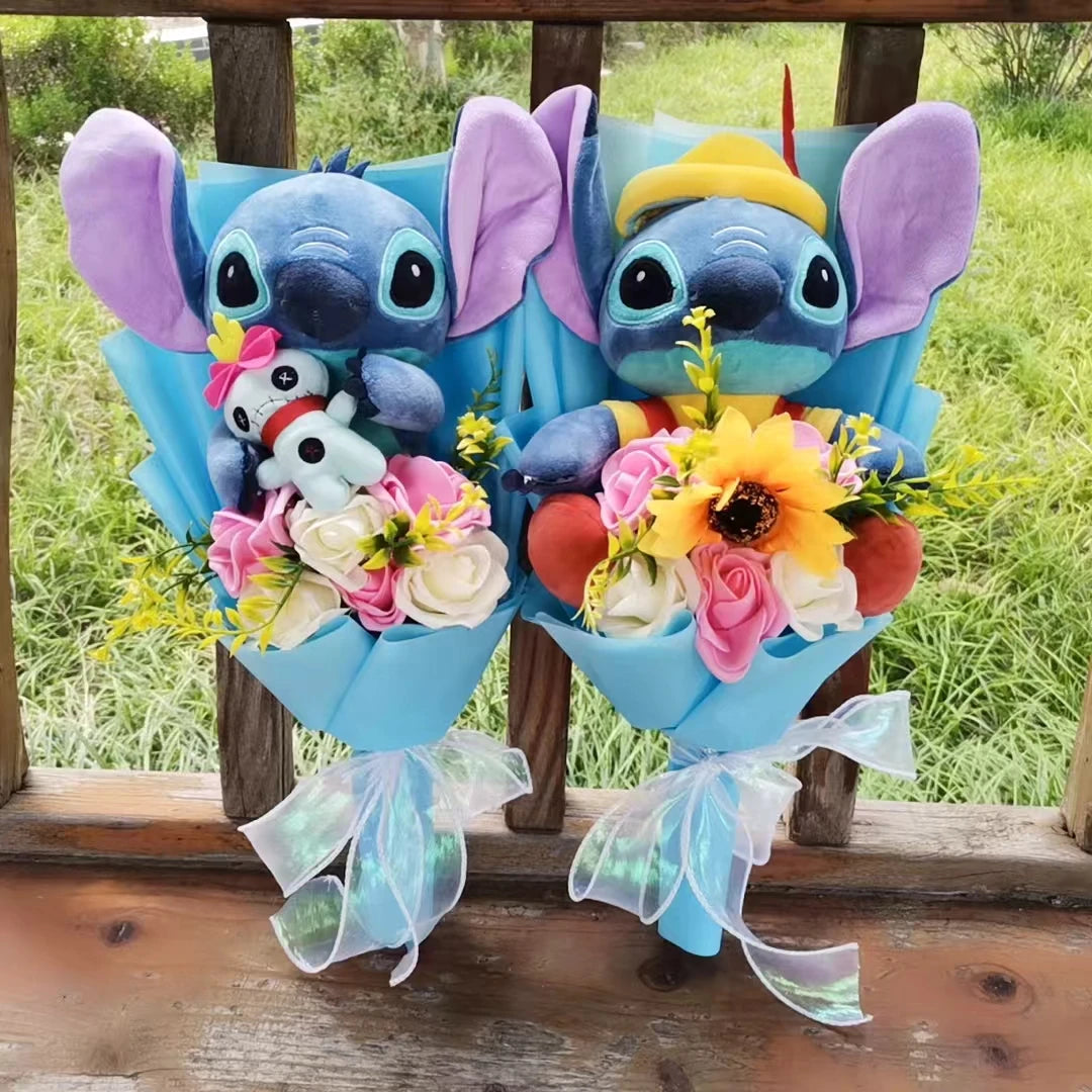 Hot Lilo & Stitch Plush Bouquet With Soap Rose Sunflower Flower Bouquet Cartoon Stuffed Valentine's Day Christmas Birthday Gift