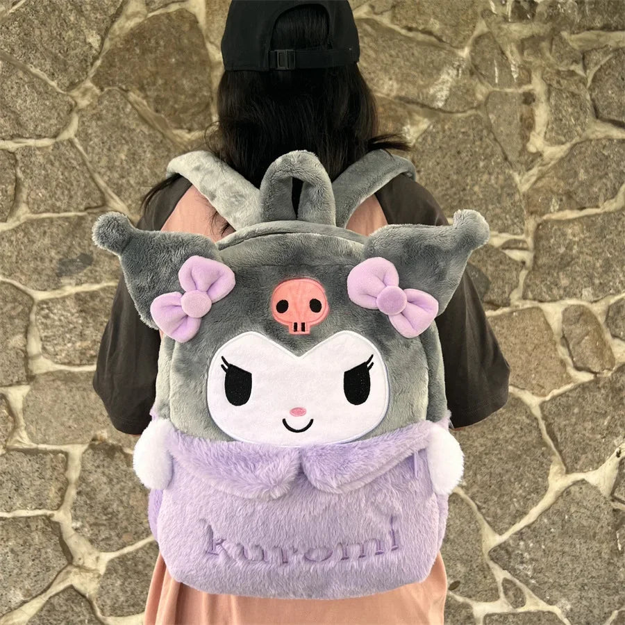 Kawaii Sanrio Cartoon Lovely Plush Backpack Cinnamoroll Kuromi Girl Large Capacity My Melody Shoulders Bag Girls Birthday Gifts