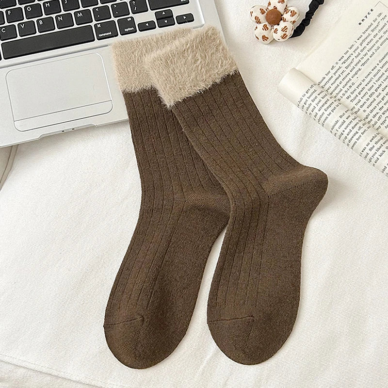 1Pair Fashion Plush Socks Women Autumn Winter Fluffy Splice Lanital Mink Velvet Thick Warm Mid-tube Stockings Cotton Socks