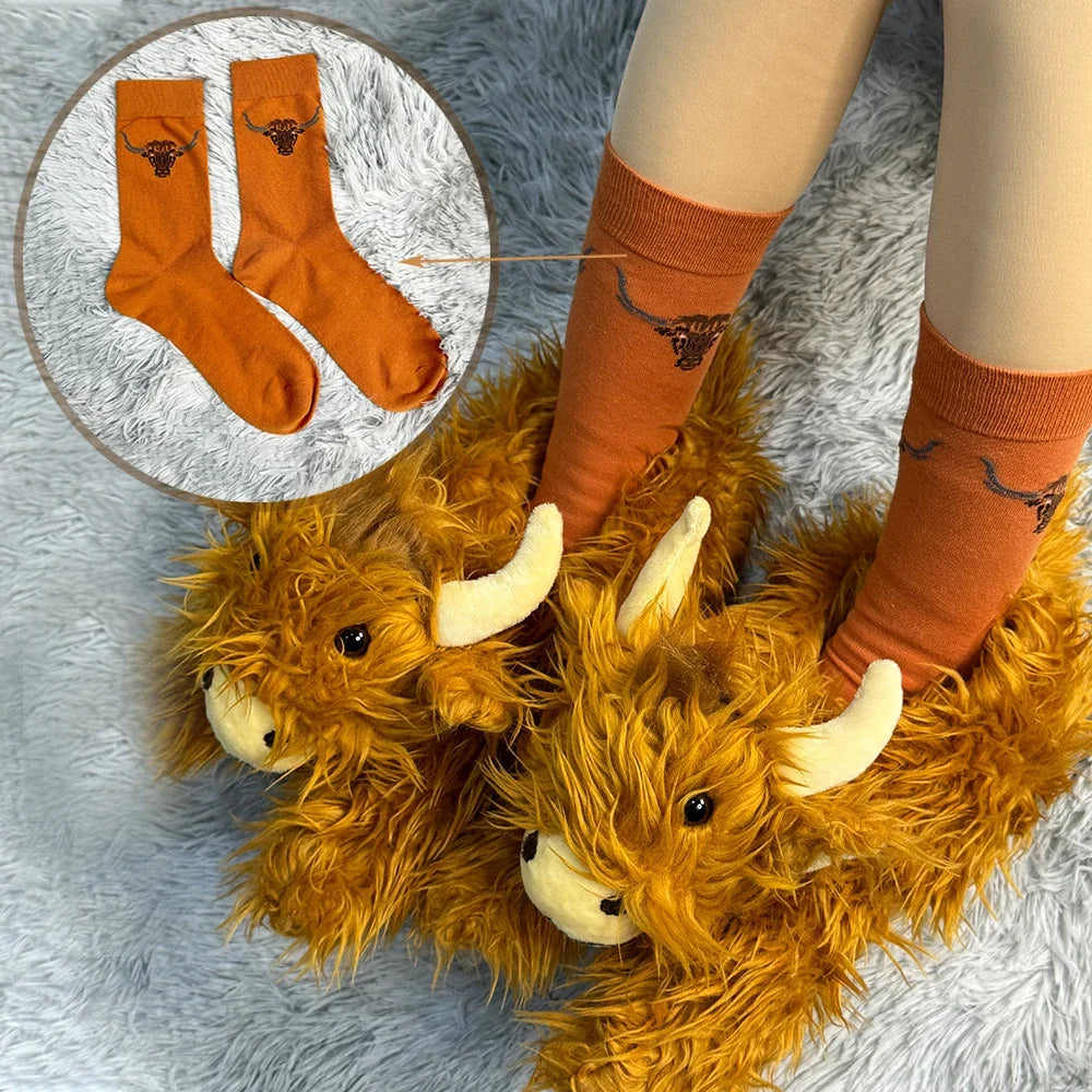 TreasuringU Highland Cow Plush Slippers with Stocks Animals Cow Slippers Kawaii Adult Kids Home Slippers Cattle Christmas  Shoes