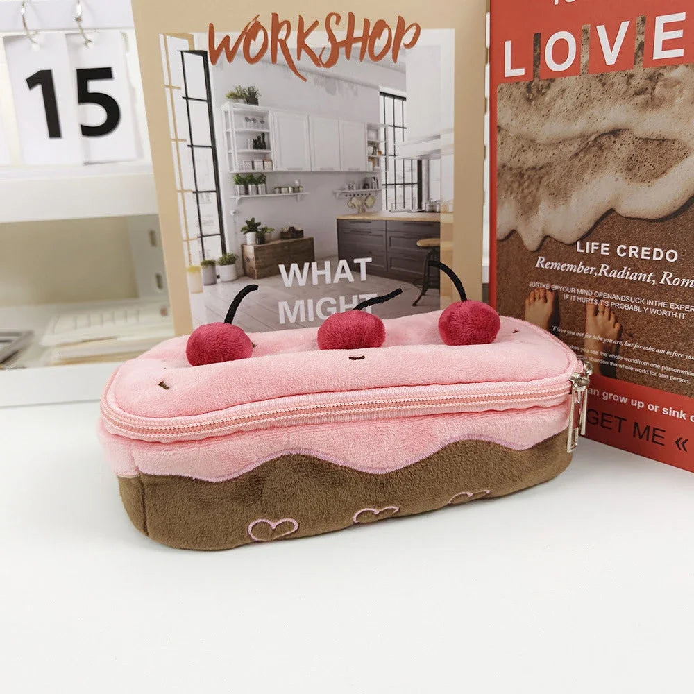 Cute Pencil Bag Plush Cherry Cake Pencil Case Large Capacity Kawaii Pencil Pouch for Girls Kids Back to School Acsesories Gift