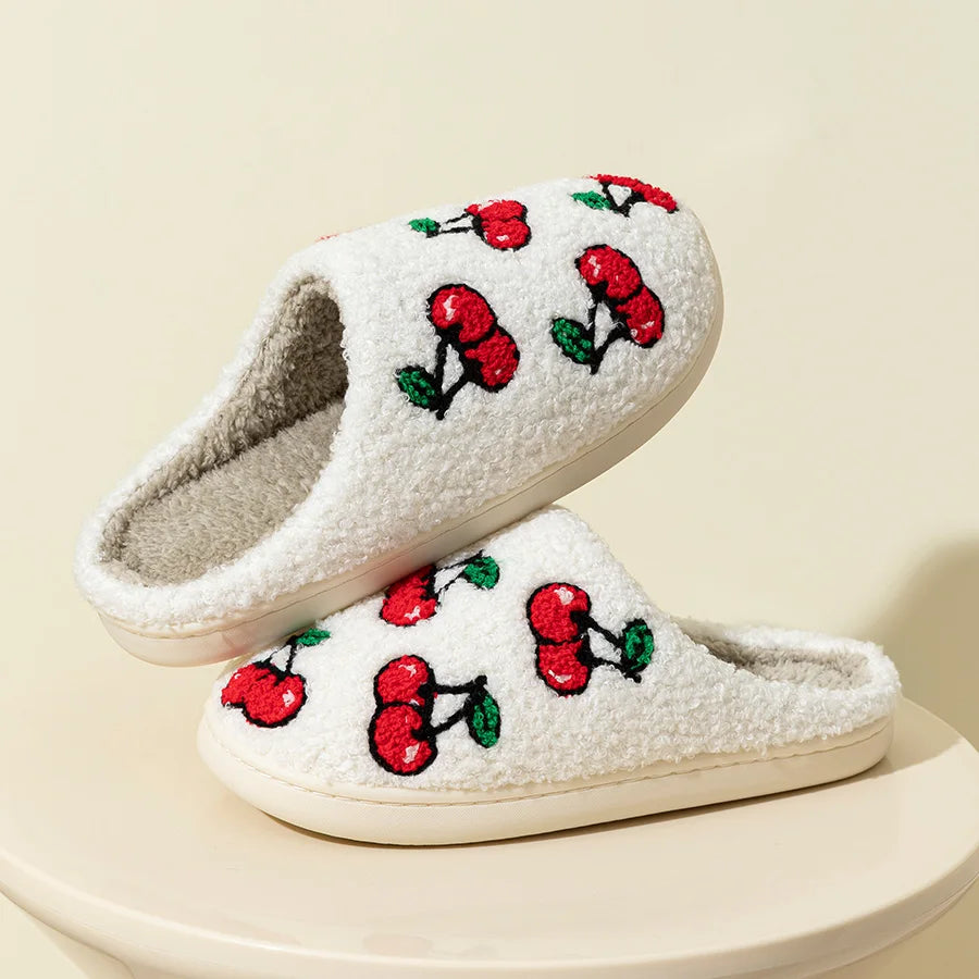 Cute Little Cherry Slippers Women Fluffy Cherries Fur Plush House Shoes Female Bedroom Comfy Home Flat Slip-on Slides New