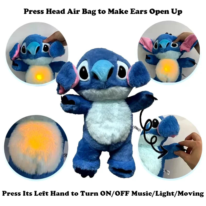 Kawaii Stitch Plush Doll Baby Sleeping Companion Sound Soothing Musical Kawaii With Air Bag and Light Doll Breathing Toys Gifts