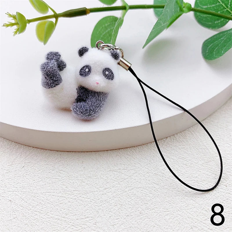 3D Flocking Panda Keychain Cartoon Plush Animal Keyring Bag Pendant Car Key Holder Earphone Charm DIY Jewelry Ornament Accessor