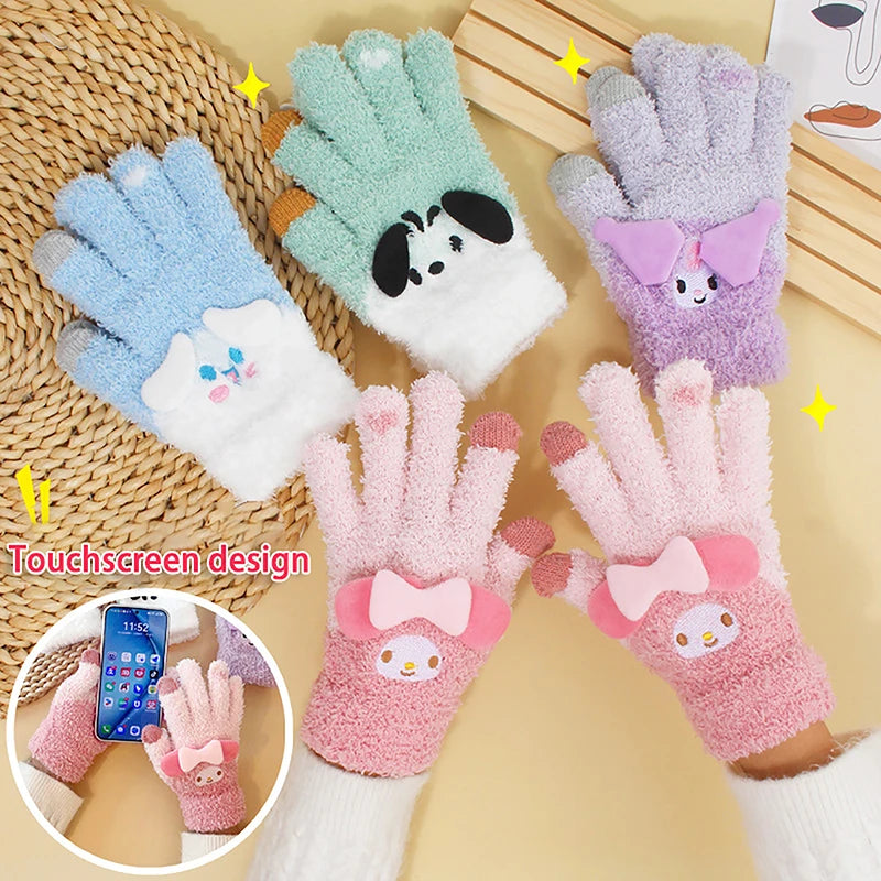 Sanrio Gloves Plush Kuromi Cold-Proof Gloves My Melody Cinnamoroll Five-Finger Gloves Touch Screen Pochacco Child Christmas Gift