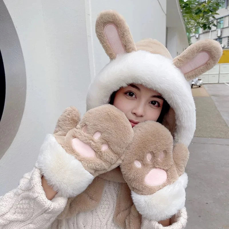 Winter Women Novelty Beanies Caps Warm Bear Ear Hat Casual Plush Hat Scarf Set Casual Solid Color Women Caps Present