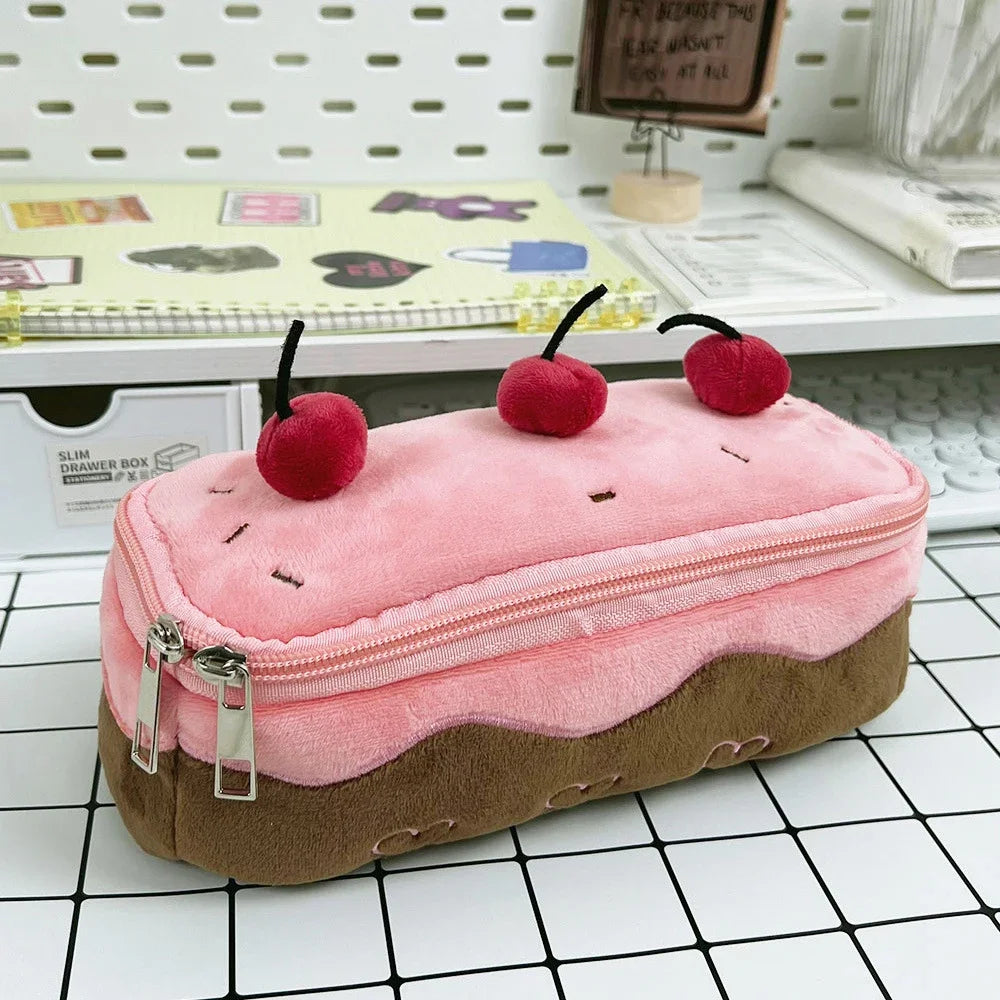 Cute Pencil Bag Plush Cherry Cake Pencil Case Large Capacity Kawaii Pencil Pouch for Girls Kids Back to School Acsesories Gift