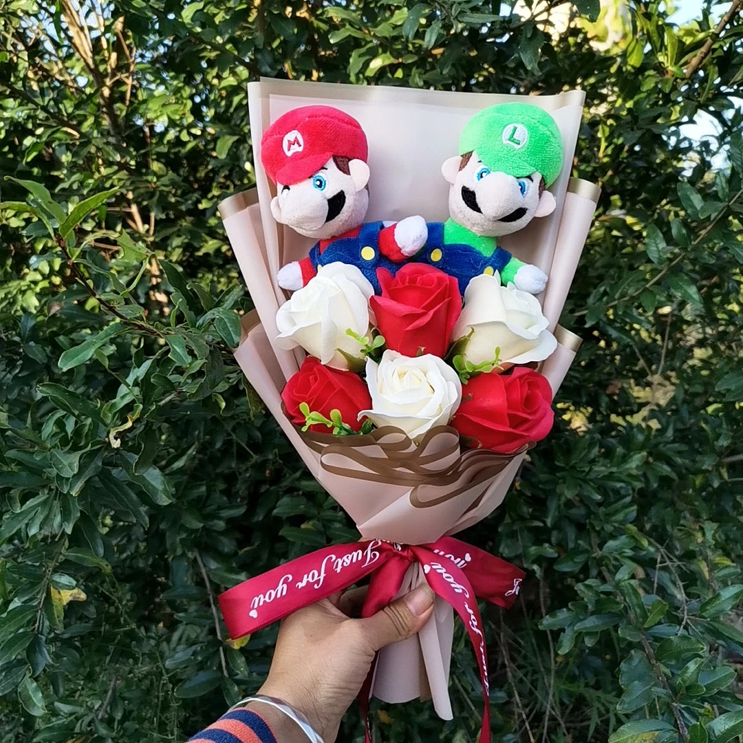 Super Mario Bros Christmas Plush Bouquet Doll Toys With Soap Rose Flower Stuffed Animals Doll Christmas Day/Valentine's Day Gift