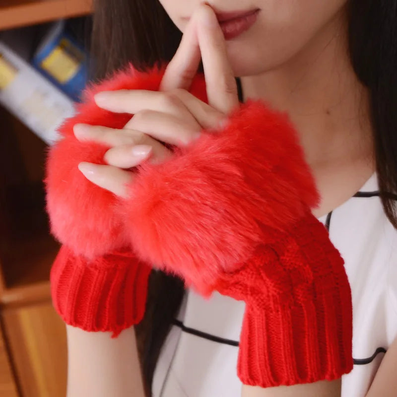 Women Autumn Winter Keep Warm Plush Knitted Woolen Splicing Half Finger Gloves Cute Lovely Sweety Smooth Soft Writing Drive