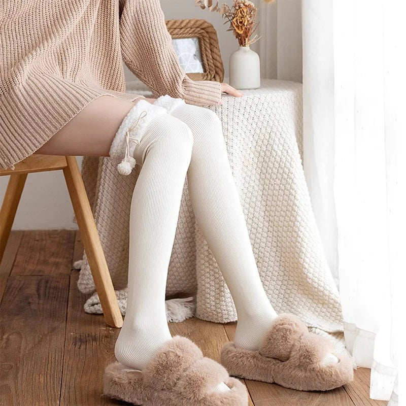 Japanese Vertical Stripe Plush Stockings Autumn Winter Cute Tights Kawaii Lamb Fur Wool Ball Calf Socks Lolita Knee High Socks