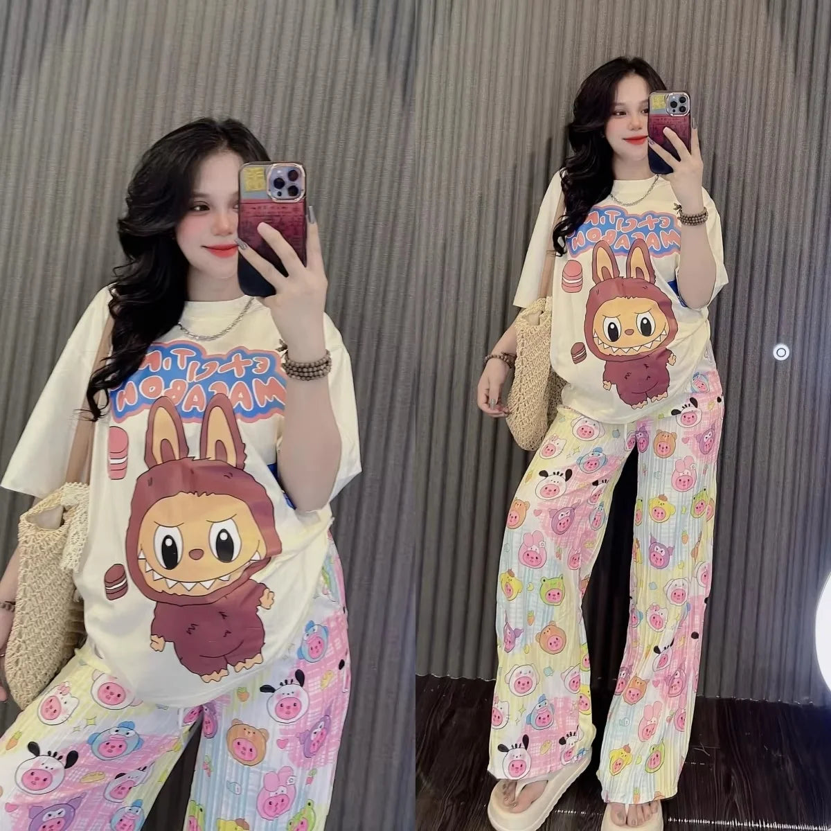 New Labubu Print T-Shirt And Pants Anime Cartoon Short Sleeved Shirt Casual Fashion 2pcs Set Kawaii Cute Woman Outdoor Clothing