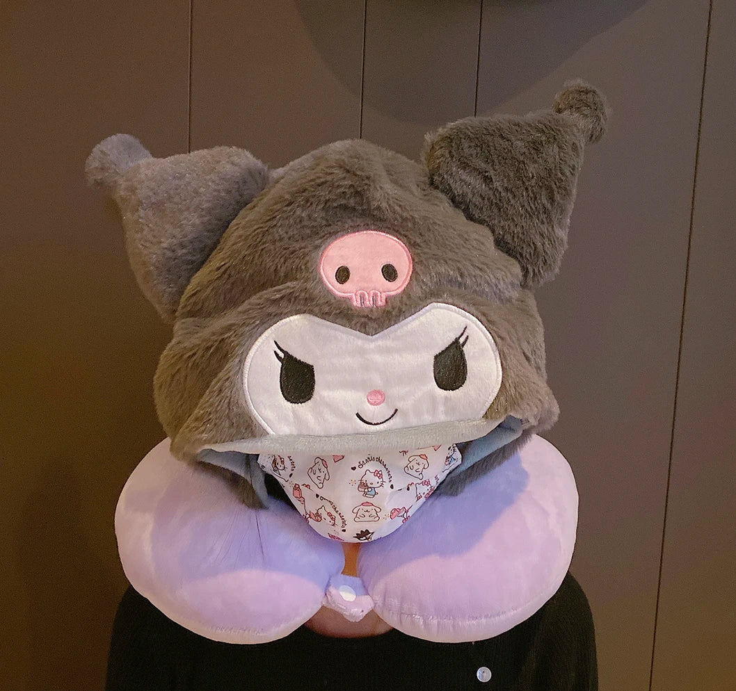 Sanrio Cartoon Kuromi My Melody U-shaped Hooded Neck Pillow Pochacco Travel Blackout Nap Pillow Office  Cinnamoroll Pillow Gift