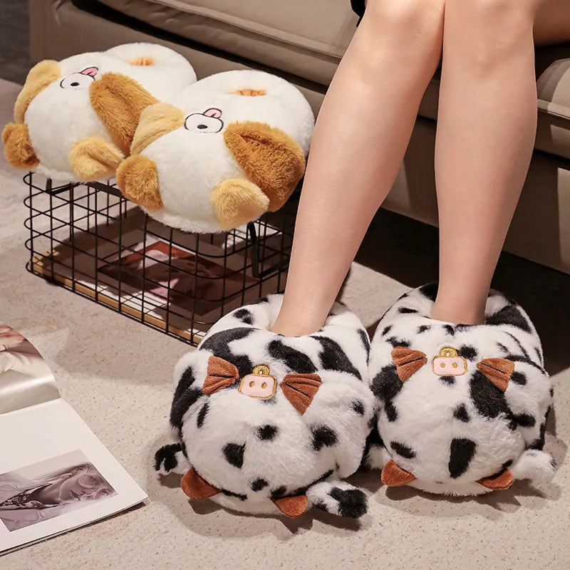 Kawaii Plush Cattle&Dog&Pig&Cat Slippers Cartoon Cute Soft Stuffed Animals Plushy Shoes Winter Indoor Warm Slipper Elegant Gift