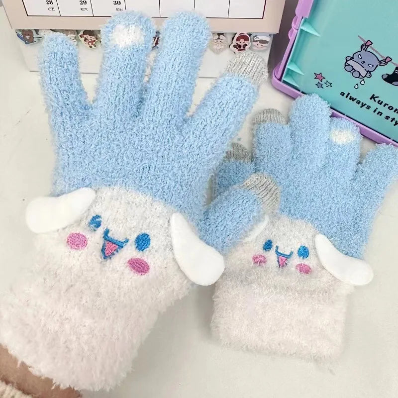 Sanrio Gloves Plush Kuromi Cold-Proof Gloves My Melody Cinnamoroll Five-Finger Gloves Touch Screen Pochacco Child Christmas Gift