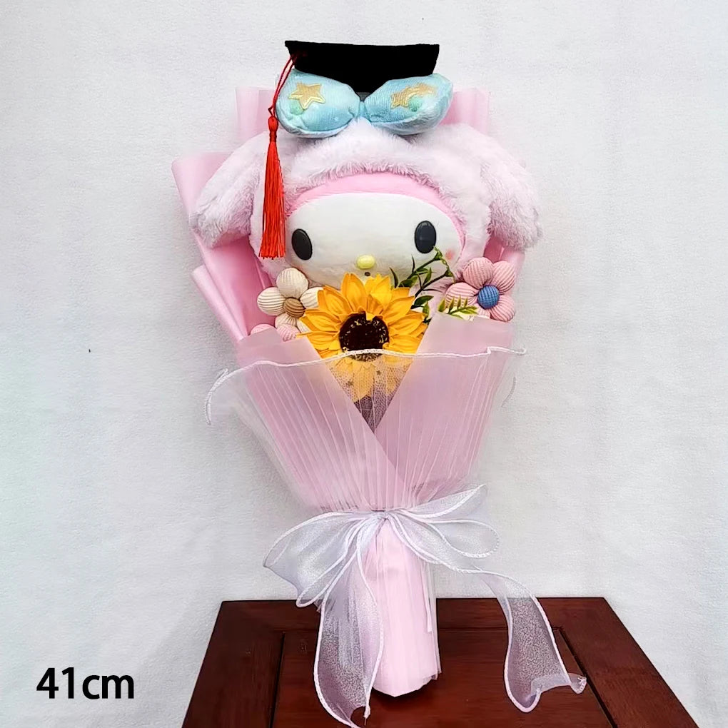 My Melody Graduation Flower Bouquet with Soap Rose Flower, Birthday Sunflower, Anime Plush Doll Toy, Valentine's Day Gifts