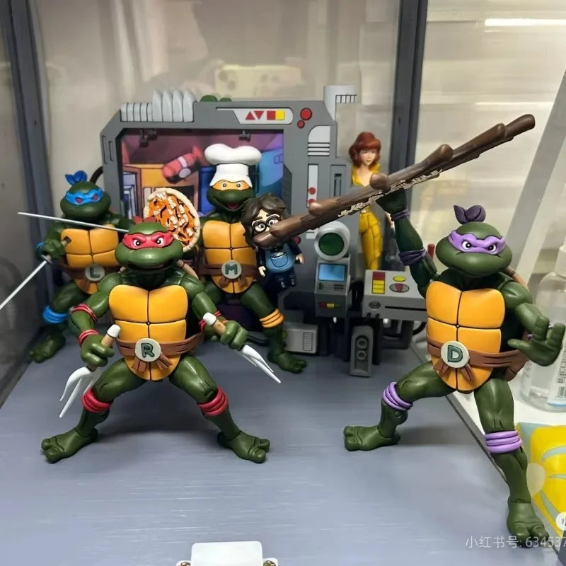 Hot 4pcs/set NECA Animated version Turtles Figures Pizza Club Turtles Anime Action Figure Model Figurine Toys Bookshelf Ornament